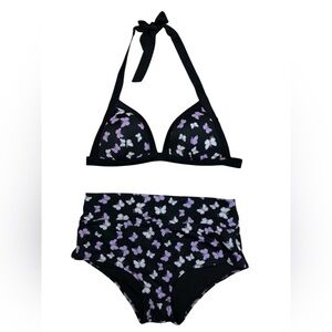 PINK Victoria's Secret Black Bikini with Pink and White Butterfly Print
